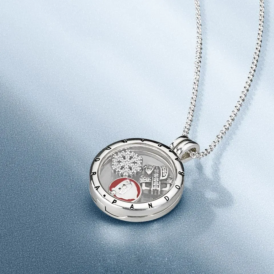 

925 Sterling Silver Floating Locket Pendant with Christmas Charms and Chain Fit European Style Jewelry