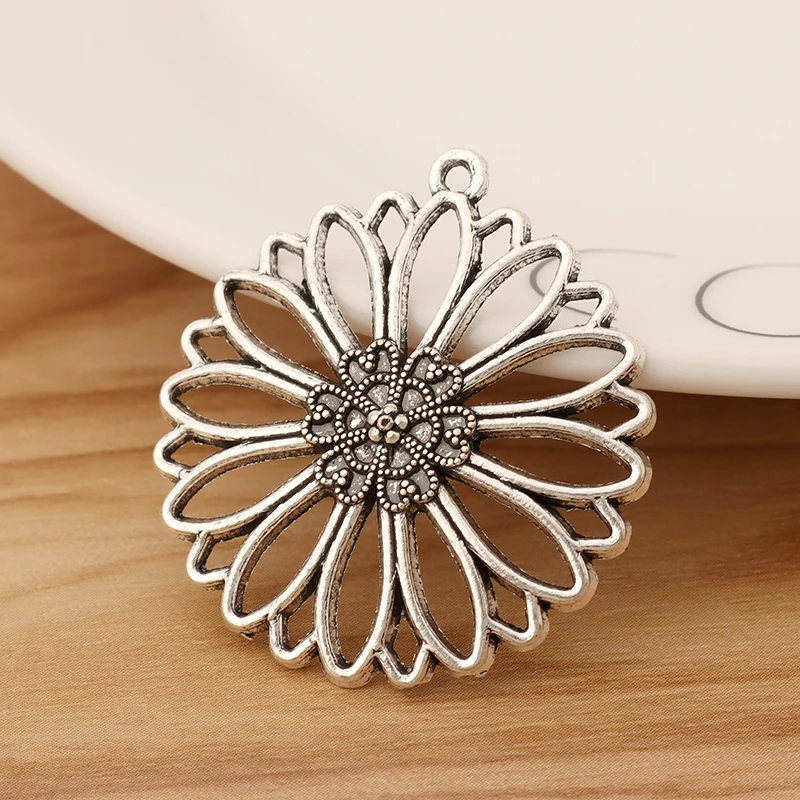 

10 Pieces Tibetan Silver Large Hollow Filigree Flower Charms Pendant for DIY Necklace Jewellery Making Finding Accessory 38x35mm