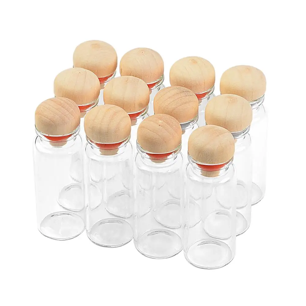 

100Pcs 12ml Transparent Cute Mini Glass Vials Hard Wood Rubber Cap Wishing Crafts Refillable Botttles Candy Food Jars