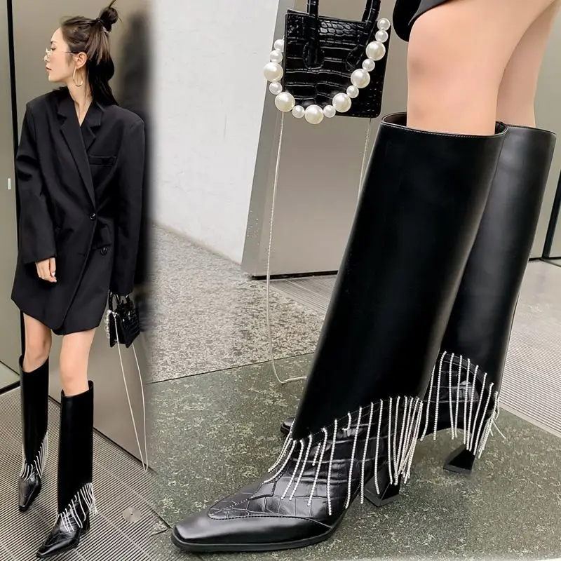 

Sexy Women Pointed Toe Shoes Fringe Rhinestone Metal Decro Spike Heels 7CM Knee High Boots Ankle Patent Leather Slip on Boots