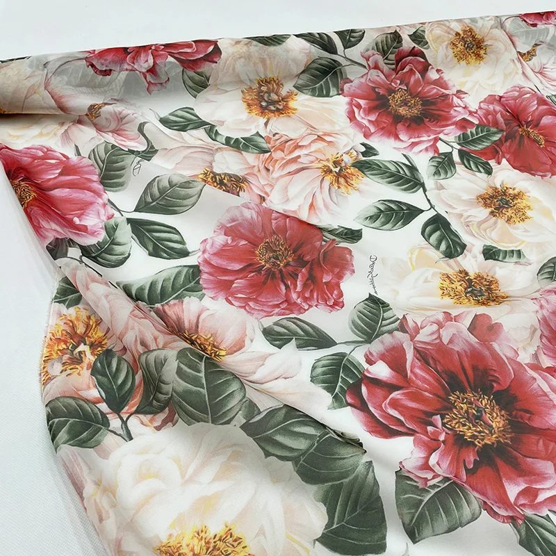 Italian Luxury Brand Letter Peony Print Fabric 100% Polyester Chiffon Fashion Design Fabrics Cloth for Dress by the Meter