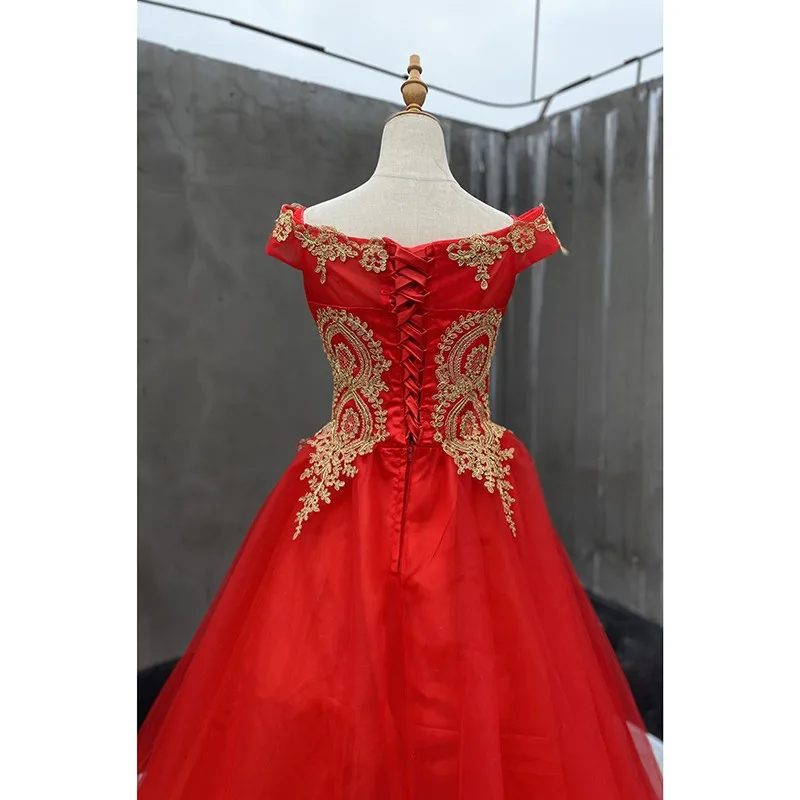 100% Real Photo สีแดง Quinceanera ชุดปิดไหล่ลูกไม้ดอกไม้ Prom Ball Gown Plus ขนาดที่กำหนดเอง Vestidos De quinceaneras