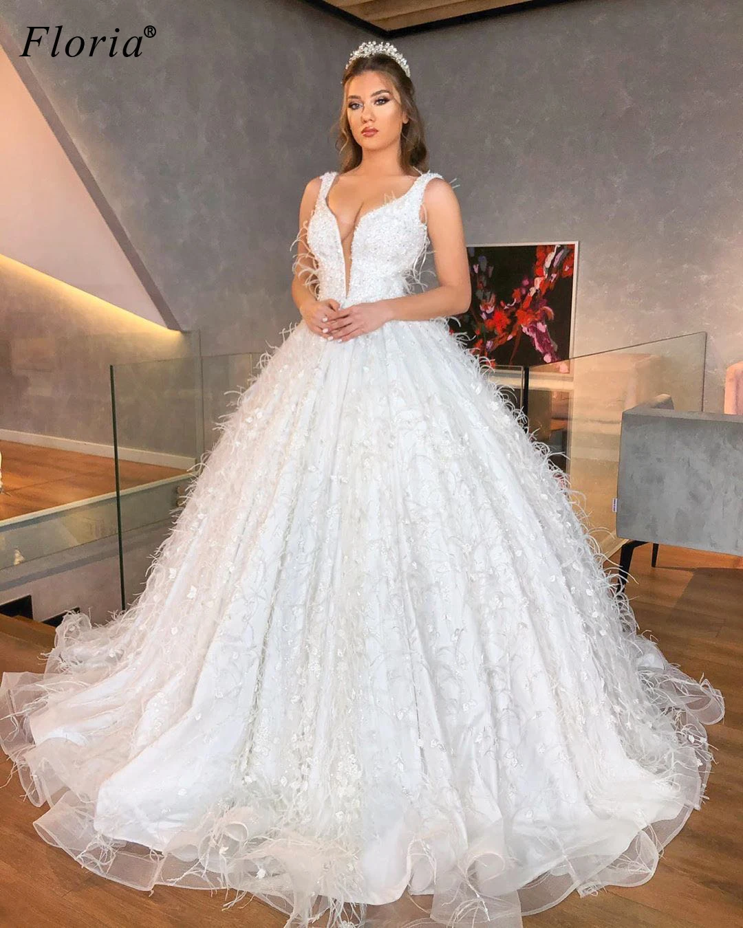 Vestidos De Novia blancos De talla grande, línea A, plumas, elegantes, con cuentas, 2020