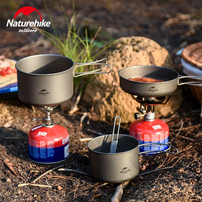 Naturehike Camping Cookware Titanium Pot Frying Pan Outdoor Travel Picnic Equipment Tableware Folding Handle Frying Pan