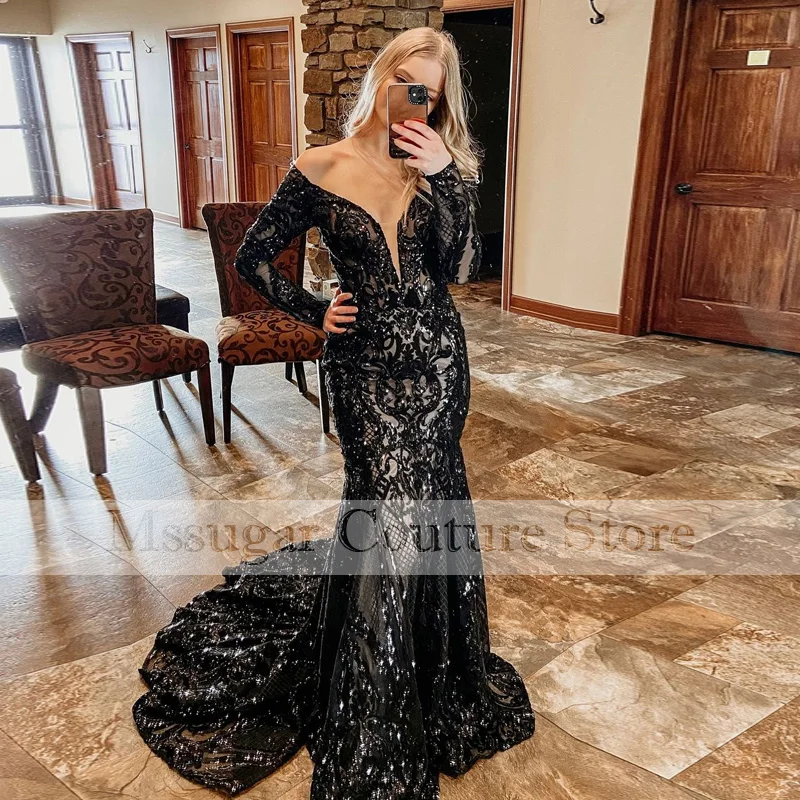 

2022 Lace Mermaid Prom Dress Sparkly Sequin V-neck Celebrity Party Gowns For Women Vestidos de fiesta