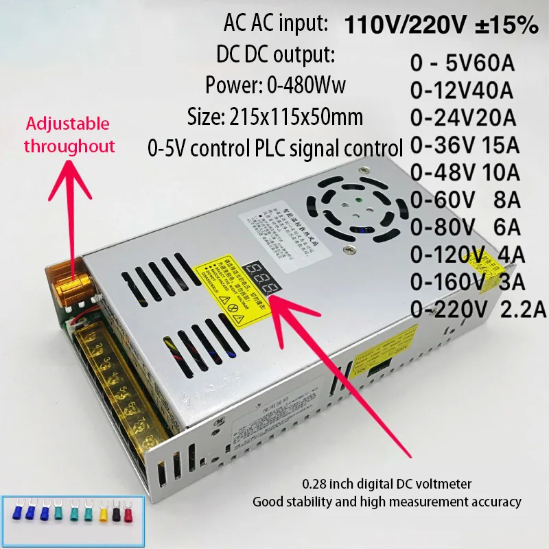 

Power Supply Digital Display Adjustable DC 480W Switching Power Supply 0-5-12-24-36-48-60-80-120-160-220V Transformer Adapter