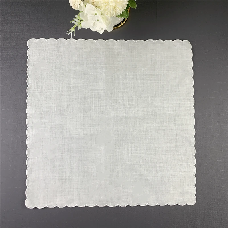 Set of 12 Fshion Table Napkins Dinner Napkins White Irish 100% Linen Tea Napkins with Color Embroidered Scalloped Edges