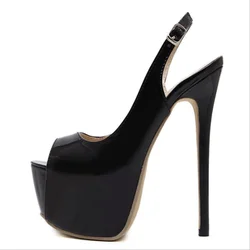 Sandali con tacco alto con plateau sexy Spogliarellista Décolleté da ufficio in pelle verniciata nera Scarpe da festa per abiti estivi con punta aperta formale da donna