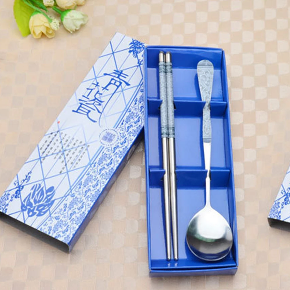 1 set Chinese Chopsticks Spoon Fork Stainless Steel Reusable Kitchen Food Sticks Blue and White Porcelain Patterns For Kitchen