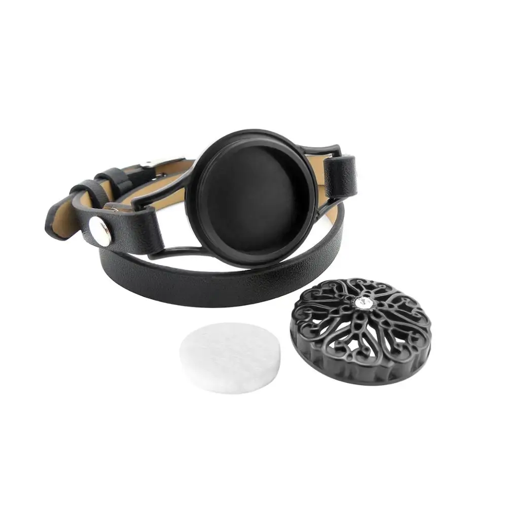 Magnet Flowers 26mm Black Genuine Leather Aroma Locket Stainless Steel Bangle Essential Oils Aromatherapy Locket Bracelet