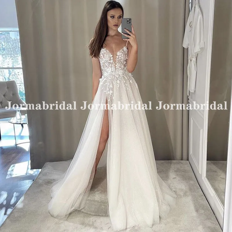 

Boho Tull Wedding Dresses Spaghetti Strap Illusion Floral Applique Beach Bridal Gown Sexy High Split Wedding Gowns Suknia ślubna