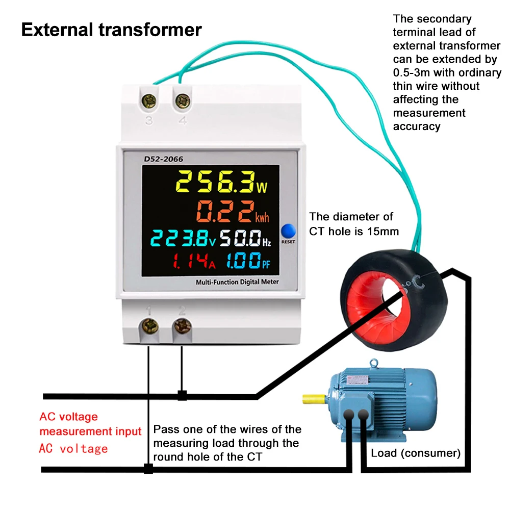 Din Rail Wattmeter Voltmeter Ammeter Power Meter AC 110V 220V 380V Volt Amp Power Factor Time Energy Voltage Current Montior