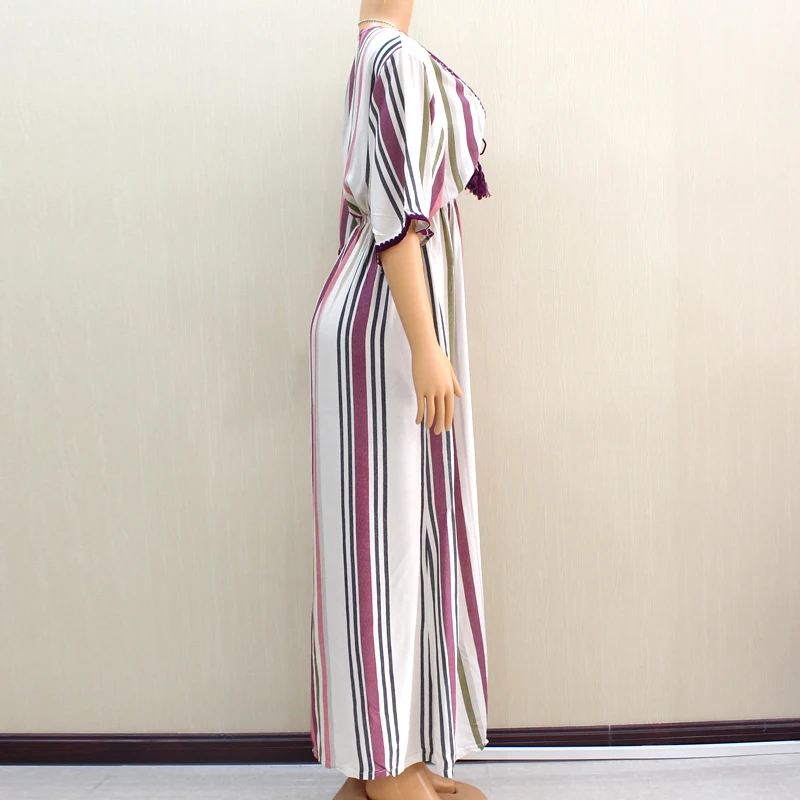 

100% Cotton African Maxi Dresses For Women 2020 Summer Diamond Fahsionable Elastic Waist Striped Print Femme Clothes Daily