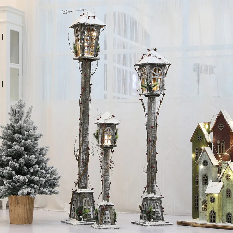 

2024 Christmas retro Nordic style wooden house falling snow street lamp ornaments shopping mall scene decoration LED lighthouse