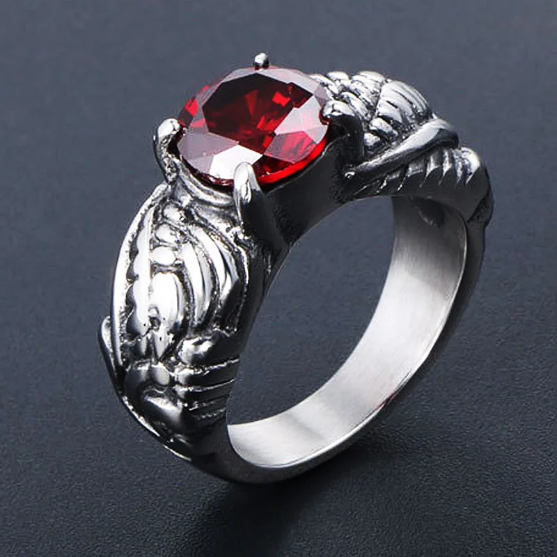 Classic Stainless Steel Red Stone Ring Vintage Silver Color Sculpture Pattern Rings for Women Men Punk Style Jewelry Wholesale