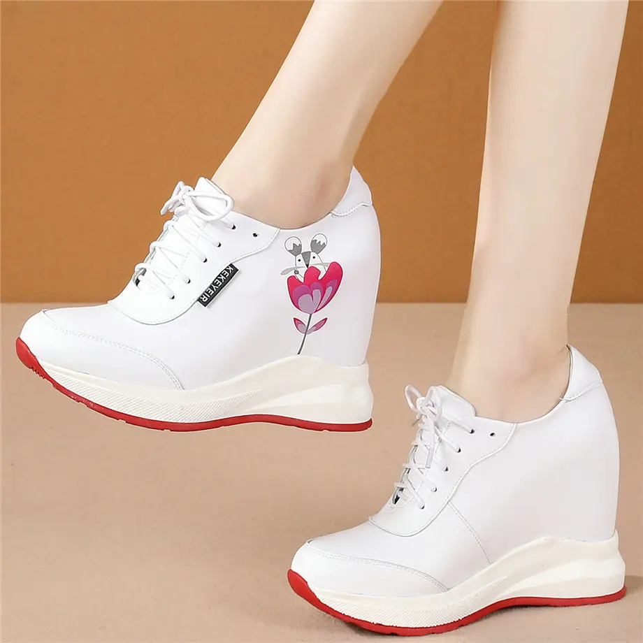 Fashion Sneakers Women Lace Up Genuine Leather Wedges High Heel Pumps Shoes Female Round Toe Platform Oxfords Shoes Casual Shoes