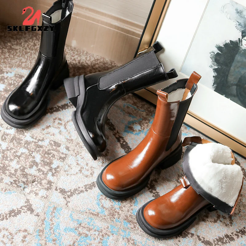 

2021 Winter Women Genuine Leather Snow Boots Zip Nature Wool Warm Winter Boots Female Zipper Fashion Mid-calf Boots