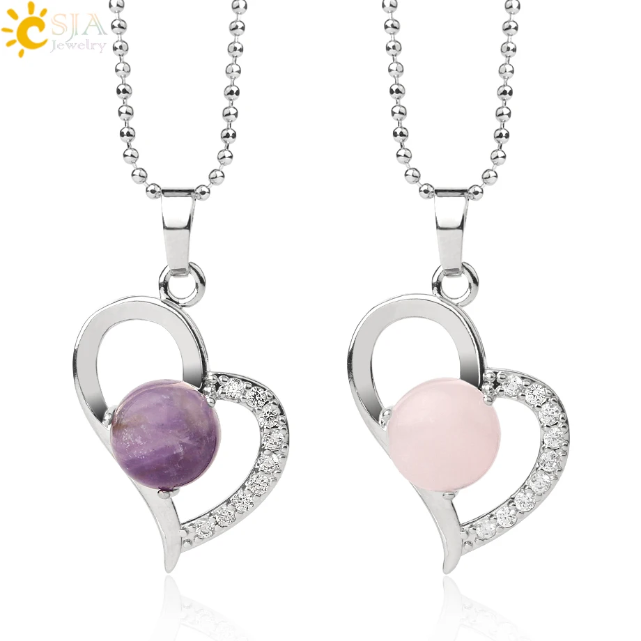 CSJA Natural Stone Heart Pendants Necklaces Cabochon Semi-precious Stones Reiki Healing Crystal Zircon Charm Jewelry Female G499