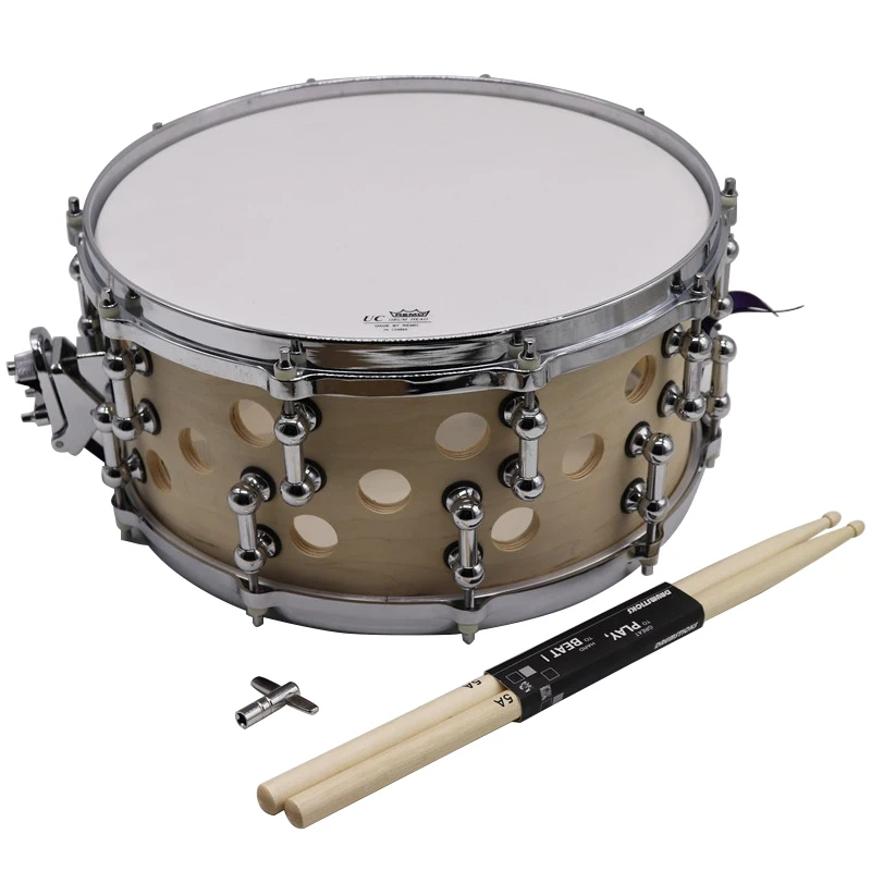 body hole birch wood snare drum 14inch x 6.5inch deep with free 1 pair 5A maple drum stick and 1 piece drum screw spanner