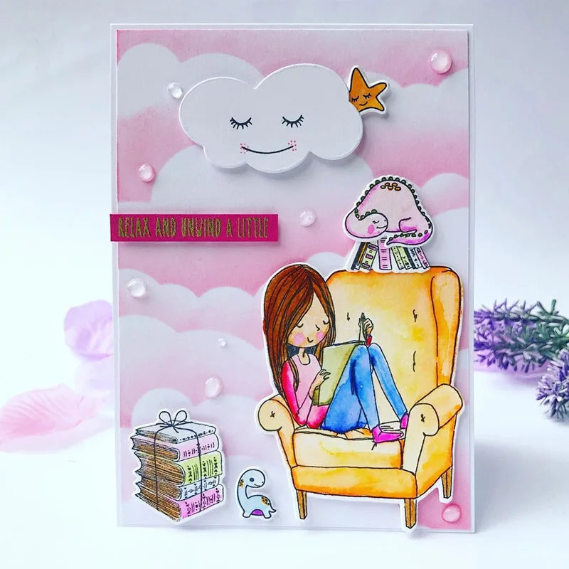 Metal Cutting Dies With Clear Stamps Studious Girl Sofa Books Reading Moment Encouragement Sentences DIY Scrapbooking Craft 2020