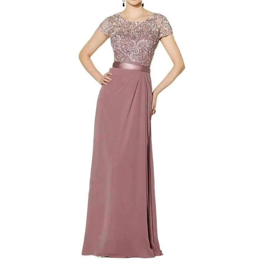 Elegant Applicaties Moeder Van De Bruid Lange Chiffon Avondjurken Scoop Korte Mouwen Vestido De Festa Longo فساتين السهرة