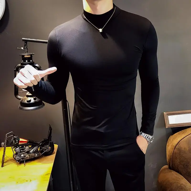 2020 Men Short Sleeve Turtleneck Slim Fit T-shirt Male Solid Black White Tees Shirts Lovers Tshirt