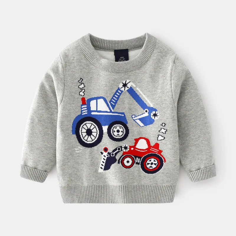 New 2021 Autumn Winter Kids Pullover Sweater Boys Cartoon Excavator Jacquard Thick O-neck Knitted Jumper Sweaters Tops Clothing