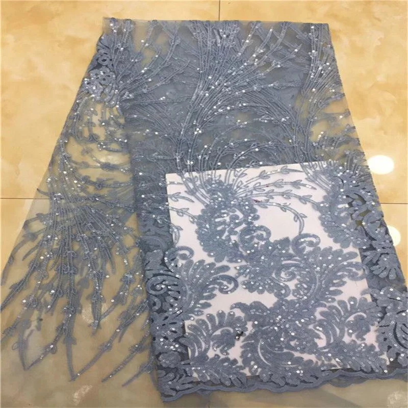 

Blue Hot Sale Sequin Lace Fabrics African Lace Fabric High Quality Nigeria French Tulle Mesh Lace Fabric for Bridal Material