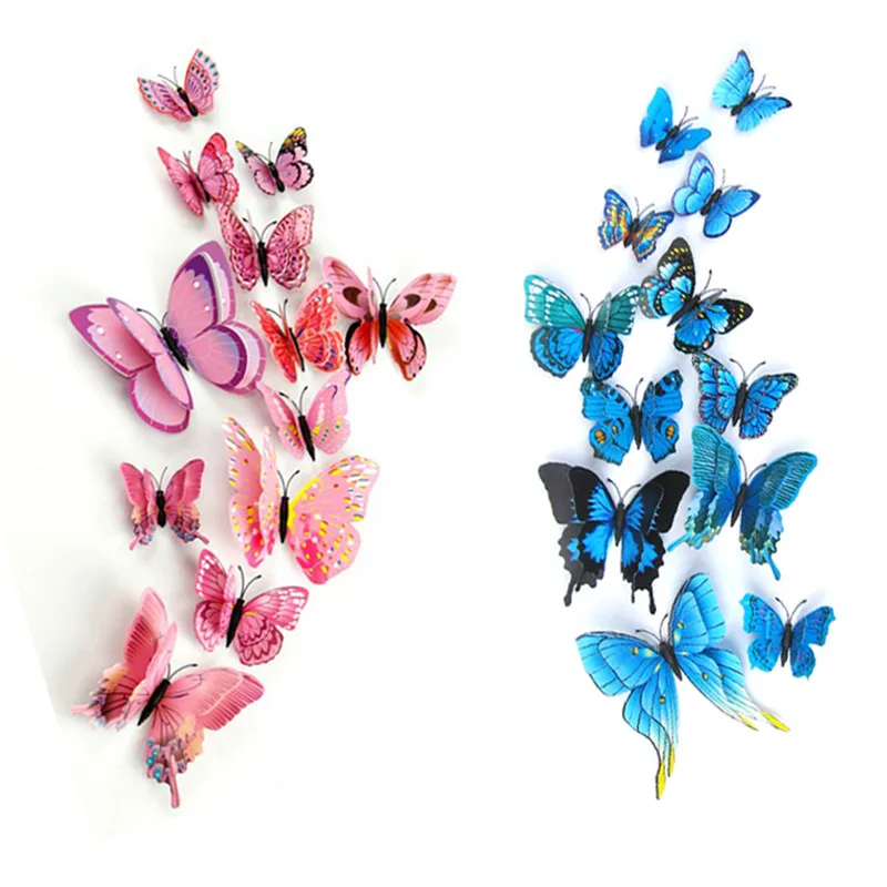 12pcs/set Plastic Artificial Double Layer Wing 3D Butterfly sticker for Mosquito Net Curtain Christmas Tree Party Decor