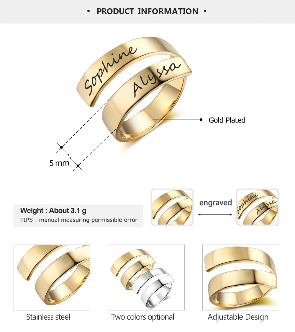 Personalized Gift Customized Engraved Name Stainless Steel Adjustable Rings for Women Anniversary Jewelry (JewelOra RI102973)