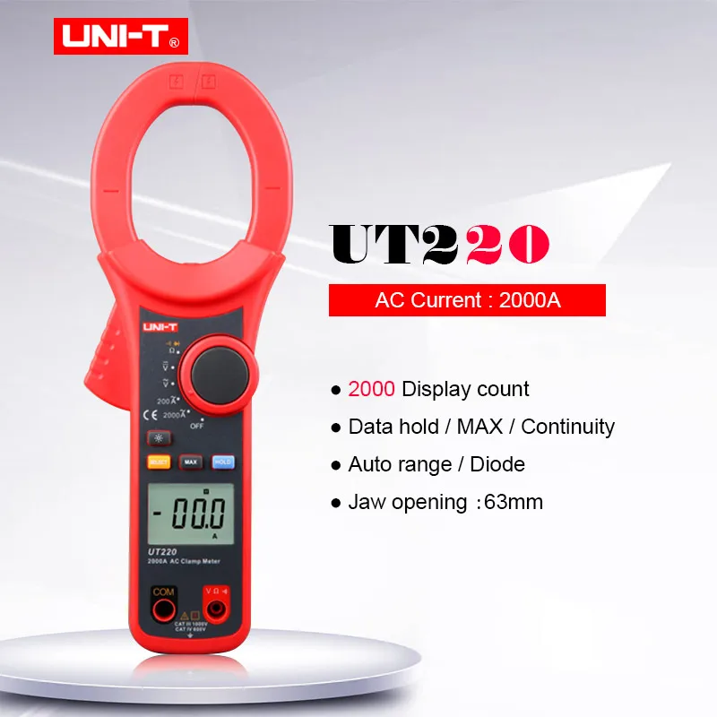 

UNI-T UT220 2000A Digital Clamp Meter AC DC voltage AC current Resistance tester Diode test Auto range Data hold Multimeter