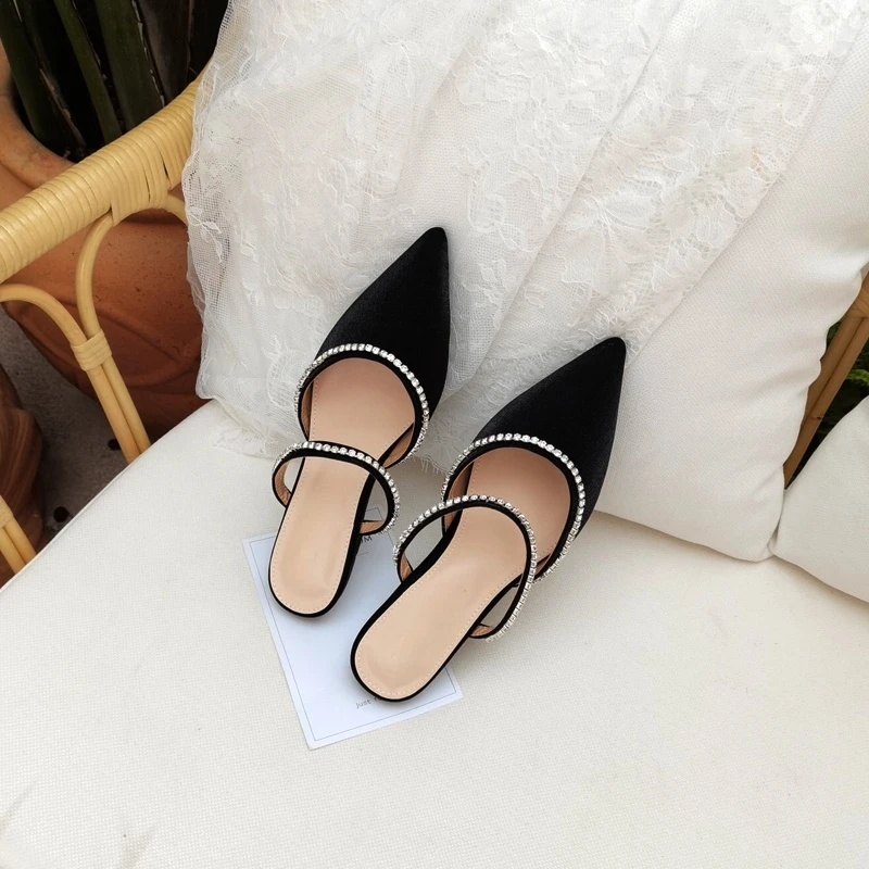 2021 Spring New Pointed Toe Ladies Slippers Rhinestone Strap Satin Flat Heel Half Slippers Sandals