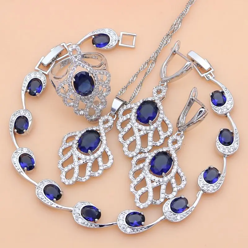 

Vintage 925 Sterling Silver Jewelry Set Blue Sapphire Costume for Women Sapphire Amethyst Green Garnet Necklace Set Dropshipping