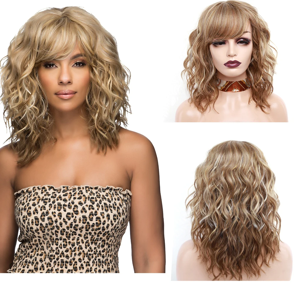 Amir Synthetic Blonde Curly Wigs with Bangs Black Wave Bob Wig for Women Shoulder Length Hair wigs Cosplay