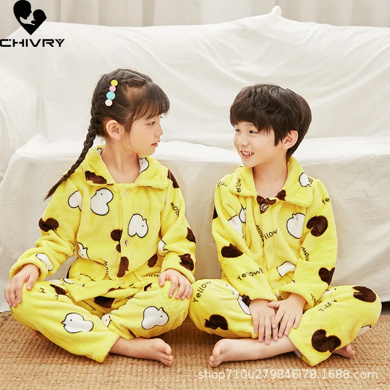 New Autumn Winter Kids Boys Girls Warm Flannel Pajamas Sets Cartoon Long Sleeve Tops with Pants Home Wear Sleeping Clothing Set