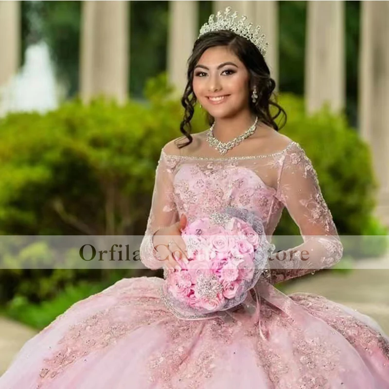 vestidos de 15 años Customized Off Shoulder Long Sleeves Appliques Lace Corset Back Quinceanera Prom Party Dress