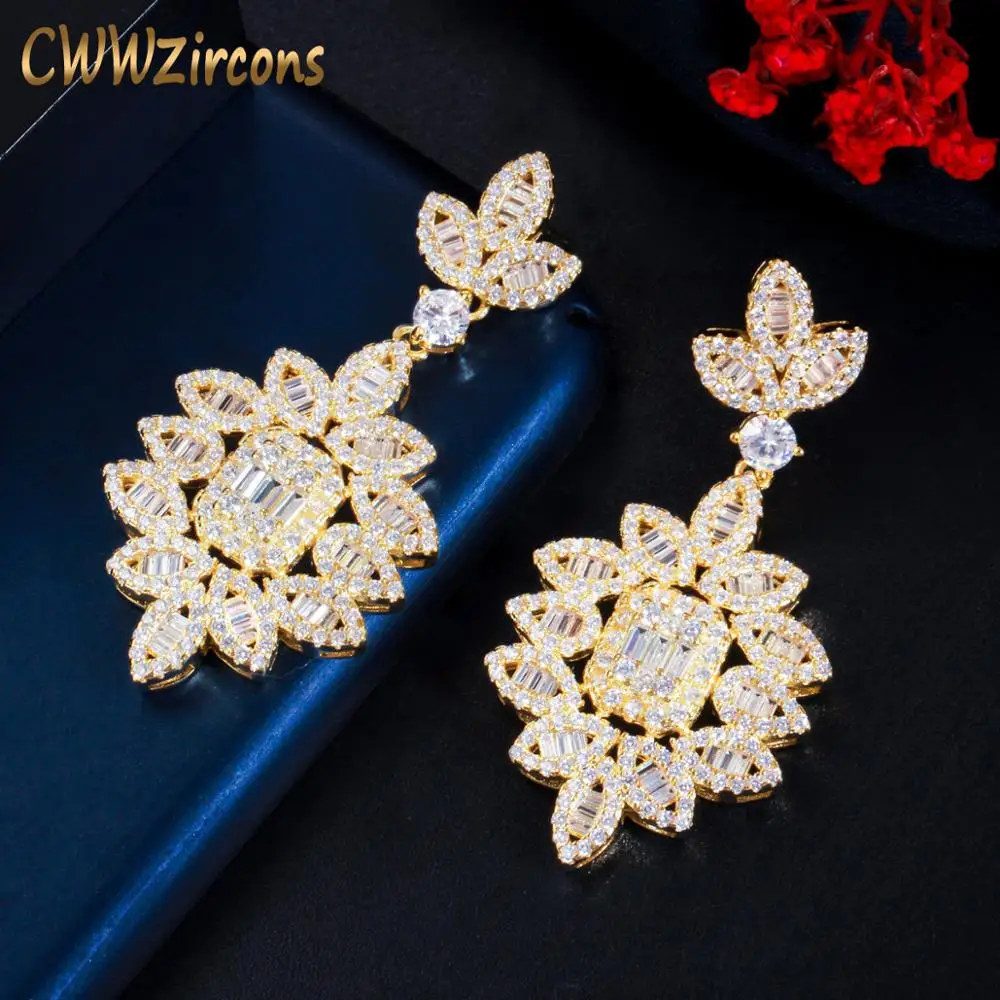 CWWZircons Cubic Zirconia Yellow Gold Color Large Long Dangle Drop Leaf Shape Wedding Earrings for Brides Luxury Jewelry CZ804