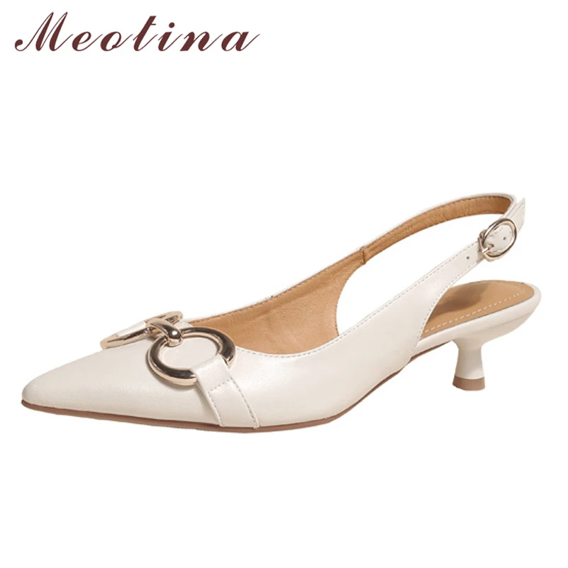 Meotina Genuine Leather Women Slingbacks Shoes Buckle Chain Thin Heels Pumps Pointed Toe Med Heel Ladies Footwear Spring Beige