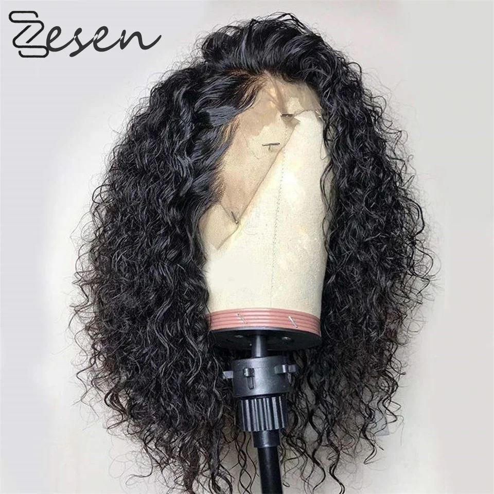 ZeSen Loose Curler Synthetic 4*4 Silk Base Lace Front Wigs Black Color Long Water Wave Wig For Women High Temperature Fiber Hair