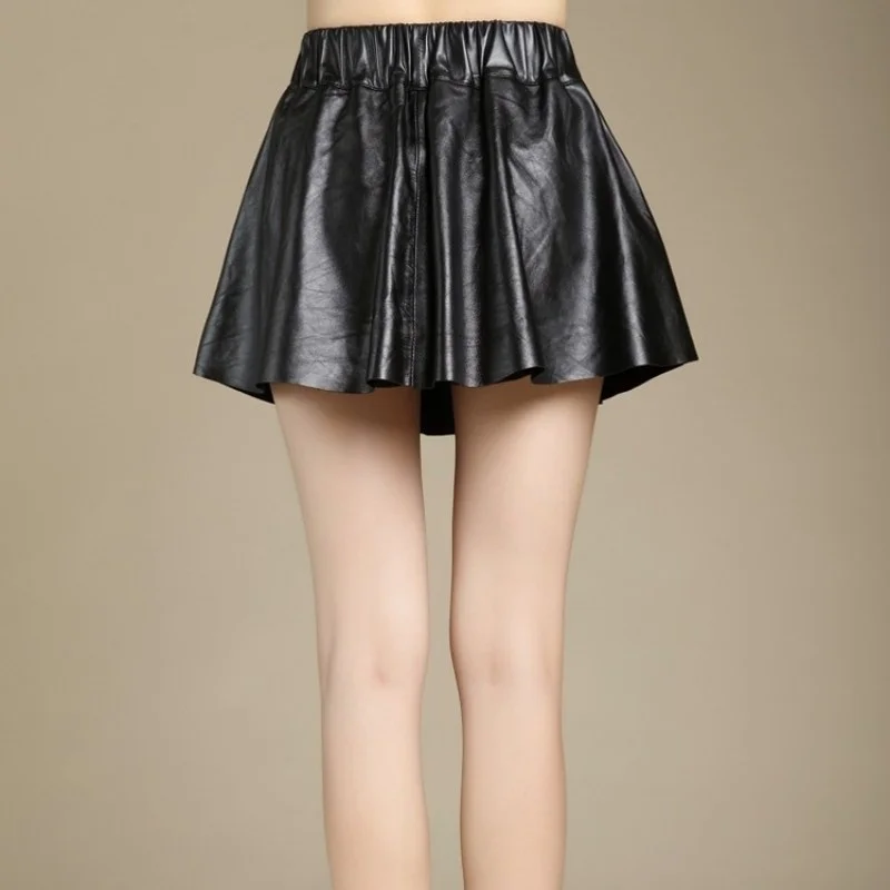 Hot Women Sexy Mini Short Skirt Elastic Waist Sheepskin Real Leather Skirts Punk Metal Slim Fit A Line Genuine Leather Skirt 4XL