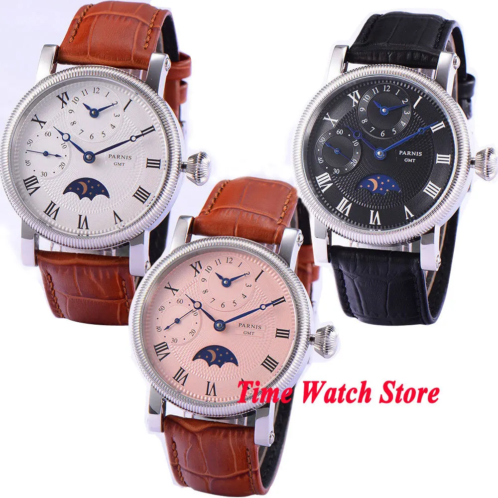 Parnis 42mm GMT Men's Watch Wristwatch Hand-Winding Movement Day/Night Idicator White/Black/Pink Dial Leather Strap Small Second