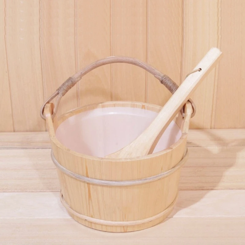 Sauna Bucket with ladle Sauna Accessories for Steam Room Sauna Bucket Ladle Plastic Liner Included Continuous Use in the Public