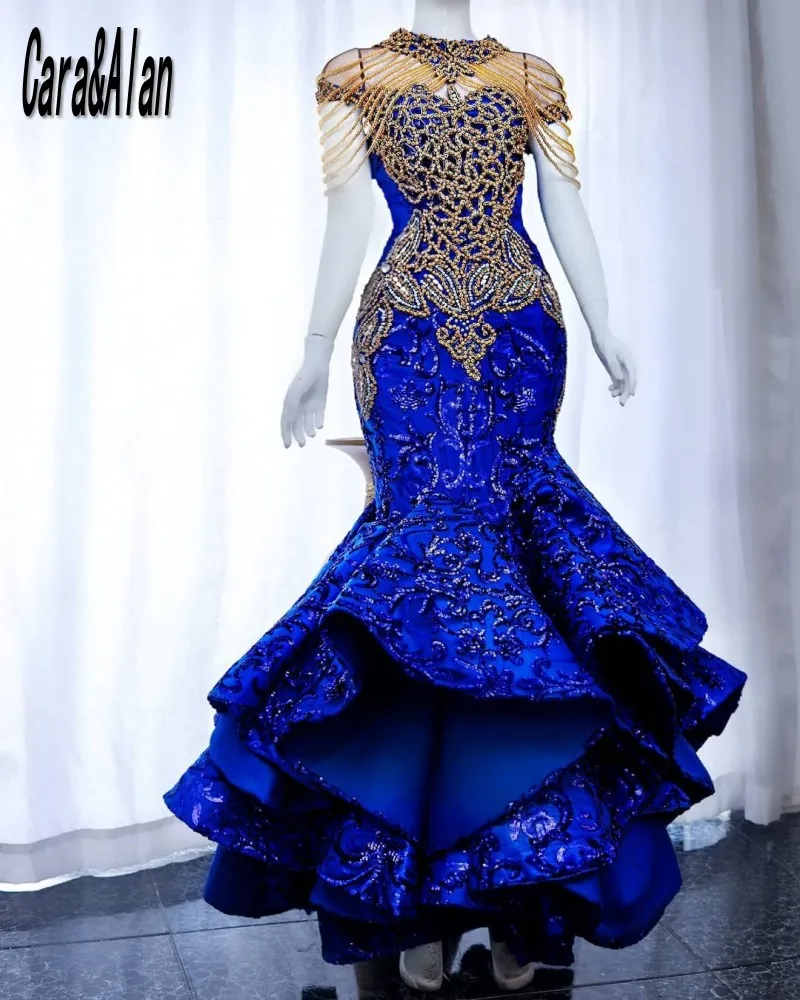 Customized Royal Blue Aso Ebi Prom Dresses Long Sleeves Mermaid Beaded Lace Formal Evening Gowns Illusion Engagement Dresses main image 0