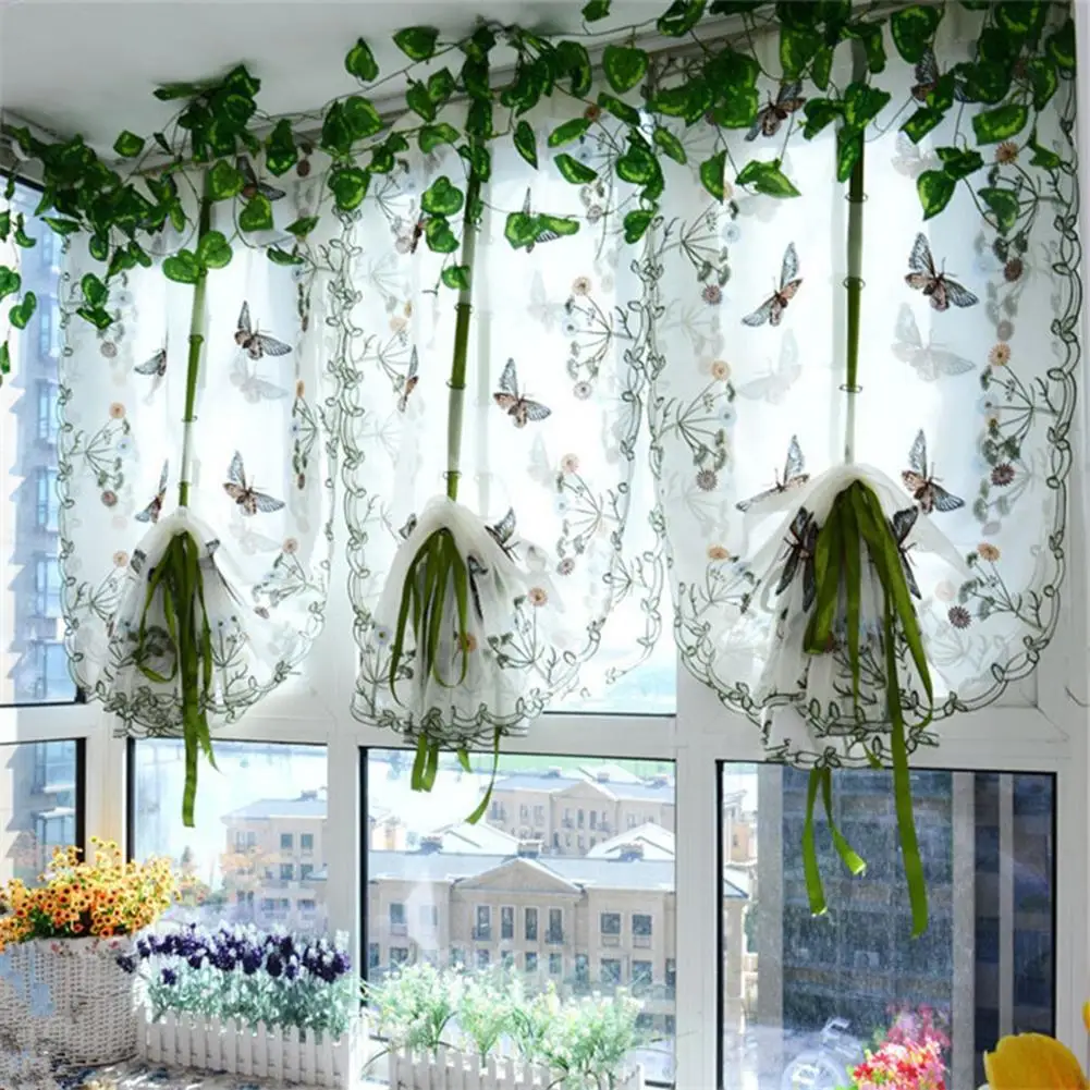 

Curtains In The Living Room Bedroom Decor Rural Butterfly Tulle Yarn Flower Embroidered Window Curtain Sheer Drape Decoration