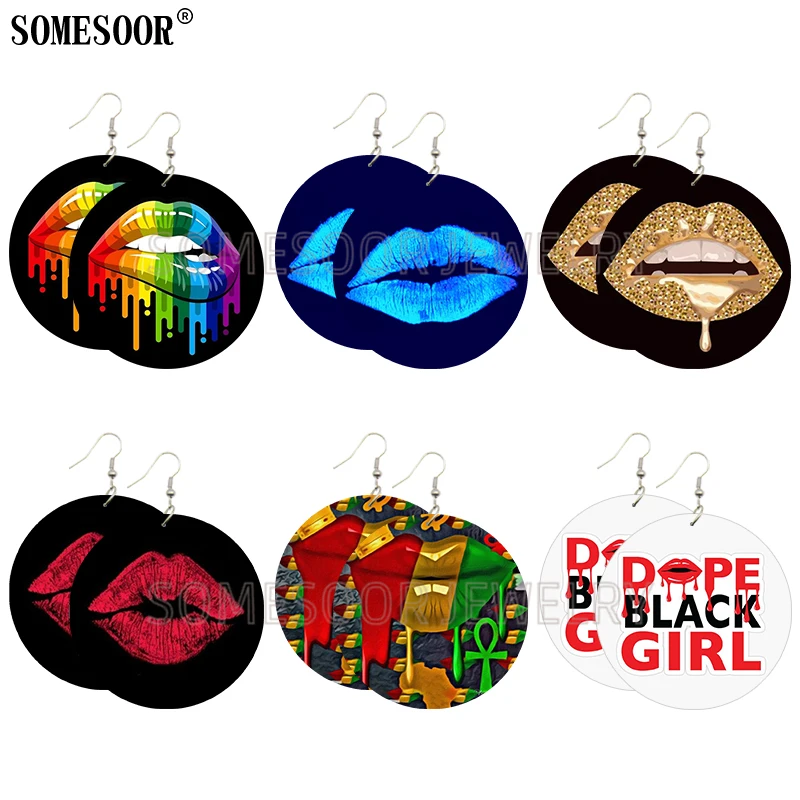 

SOMESOOR Mixed 6 Package Wholesale Sexy Melting Lips Wooden Round Both Sides Printing African Drop Earrings For Women Gifts