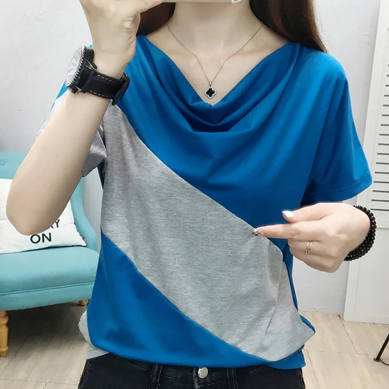 

Shintimes Contrast Color Patchwork T Shirt Women 2021 New Summer Womens Tops Short Sleeve T-Shirt Woman Clothes Tee Shirt Femme