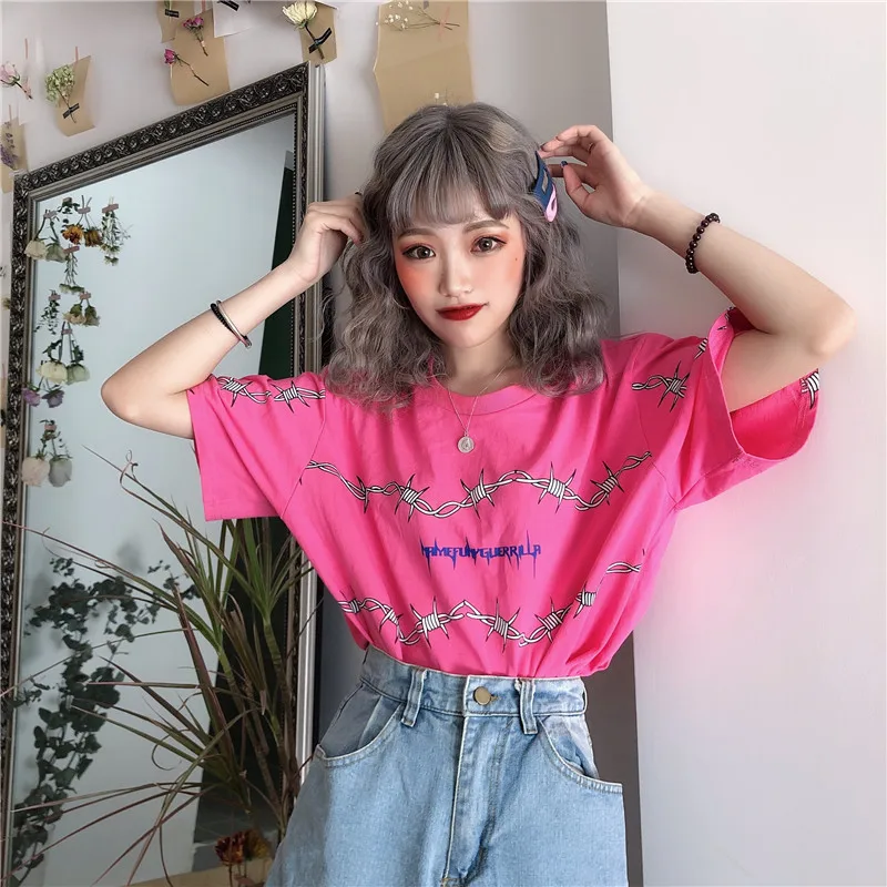 Loose Short Sleeve Unisex Tees Couple Clothes Grunge Tumblr Tops bf Harajuku Women\'s T-Shirts Thorns Pattern Streetwear T Shirt