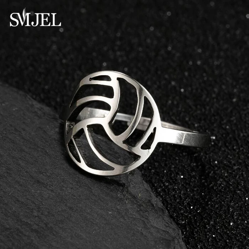 SMJEL Stainless Steel Rings for Women Men Sport Jewelry Athlete Geometric Volleyball Ring Adjustable Size Club Gifts