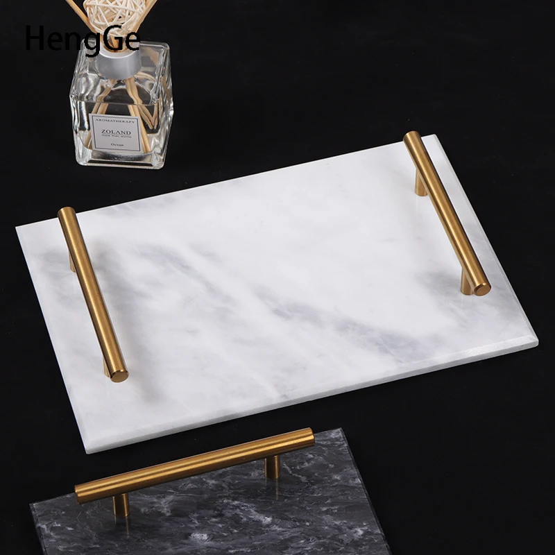 

Natural Marble Tray Modern Desktop Trays Decorative Golden Handle Decorate Hotel Serving Tray Cosmetic Perfume Display Plates