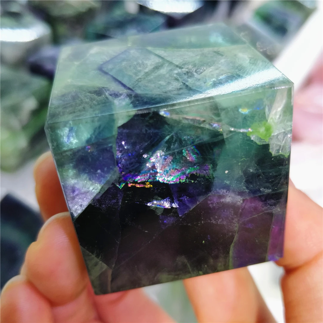 Natural Rainbow Fluorite Crystal Heptahedron Polished Polyhedron Cube Minerals Chakras Ornaments House Decor Healing Gemstone